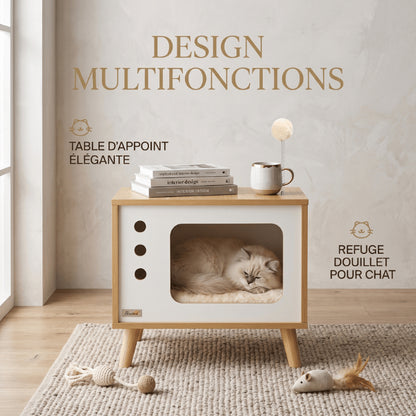 Maison en bois pour chat multifonction servant de refuge et table d’appoint