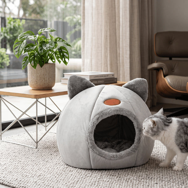 Maison pour chat grise créant un espace cocooning rassurant pour un félin détendu