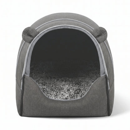 Maison pour chat interieur grise avec oreilles de chat et large entrée douillette
