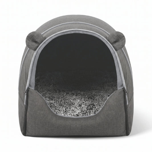 Maison pour chat interieur grise avec oreilles de chat et large entrée douillette