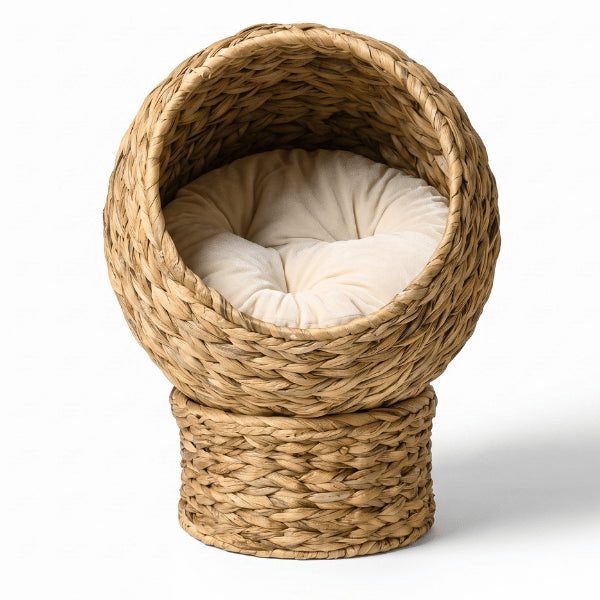 Maison pour chat intérieur osier rotin naturel au cocon tressé enveloppant avec coussin crème amovible