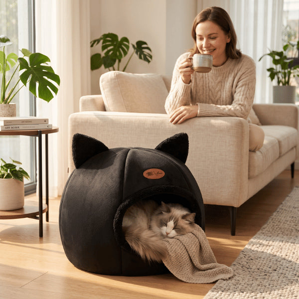 Maison pour chat confortable où un félin profite d'un sommeil profond en sécurité