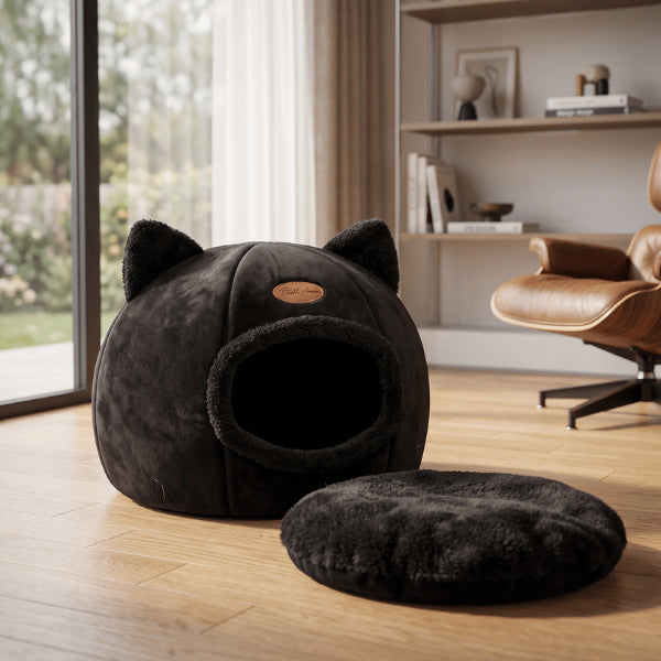 Maison pour chat noire avec coussin amovible transformable facilement en panier confortable
