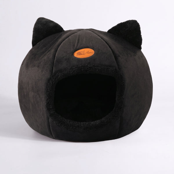 Maison pour chat noire douillette avec coussin moelleux pour sommeil profond et repos