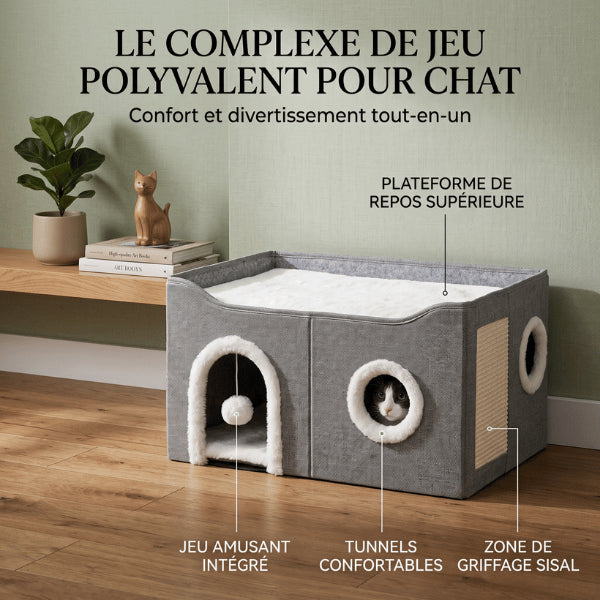 Maison pour chats multifonction avec plateforme de repos cachette fenêtre jouet suspendu et griffoir chat