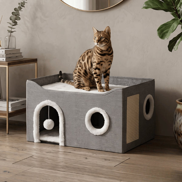 Maison pour chats à deux niveaux avec plateforme de repos cachette et panneau griffoir en sisal