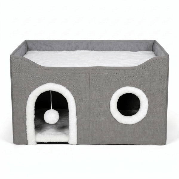 Maison pour chats polyvalente avec fenêtre balle jeu cachette et couchage confortable