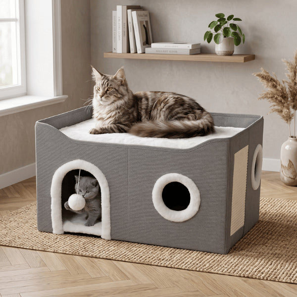 Maison pour chats spacieuse pour plusieurs félins avec cachette et grand couchage confortable
