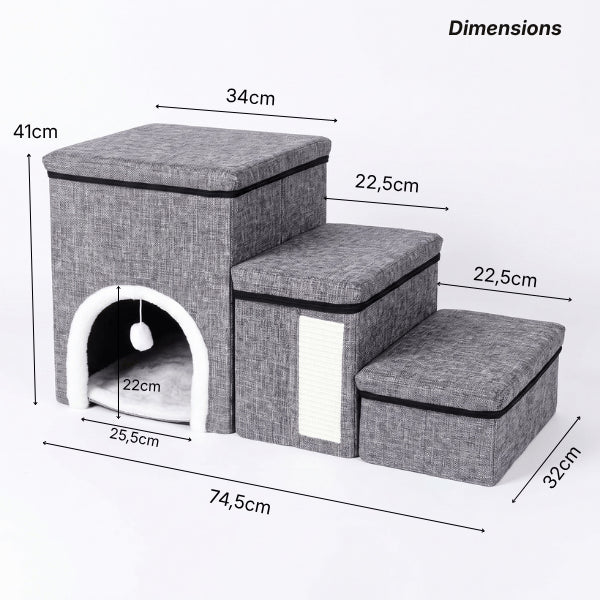 Maisonnette chat dimensions 74,5 cm avec trois marches et niche intégrée