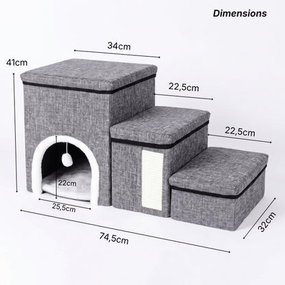 Maisonnette chat dimensions 74,5 cm avec trois marches et niche intégrée