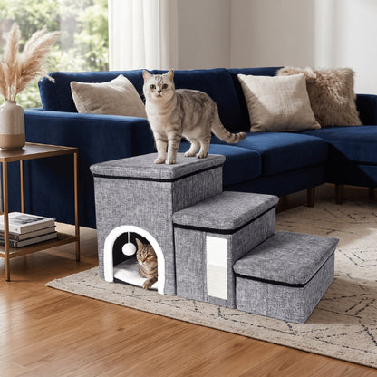 Maisonnette chat avec escalier rembourré et griffoir latéral pour chats actifs