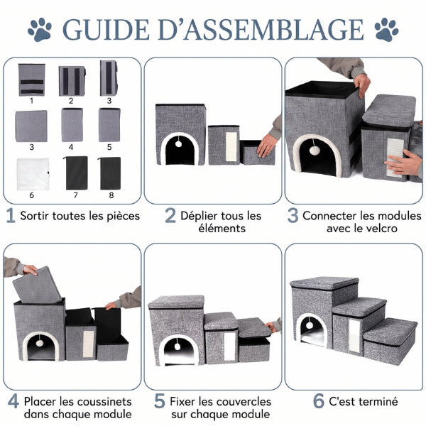 Maisonnette chat modulable avec assemblage rapide par éléments et fixations velcro