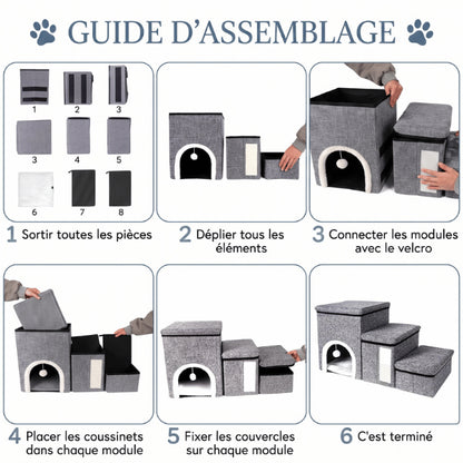 Maisonnette chat modulable avec assemblage rapide par éléments et fixations velcro