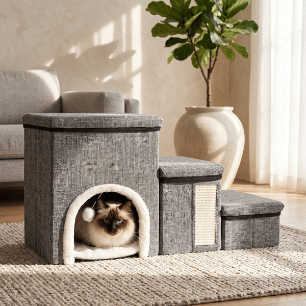 Maisonnette chat douillette avec escalier compact adaptée aux intérieurs modernes