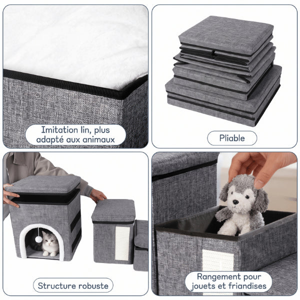 Maisonnette chat pliable avec structure robuste et compartiments de rangement intégrés