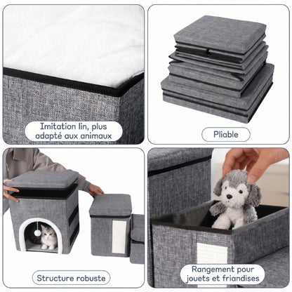 Maisonnette chat pliable avec structure robuste et compartiments de rangement intégrés
