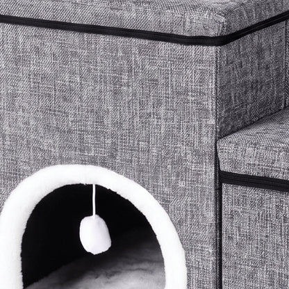 Maisonnette chat en tissu gris avec entrée douce et balle suspendue