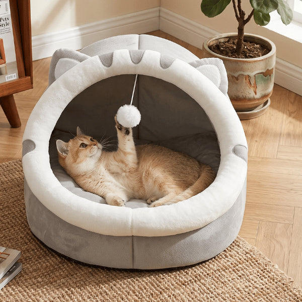 Maisonnette pour chat avec balle suspendue stimulant le jeu avant les moments de repos
