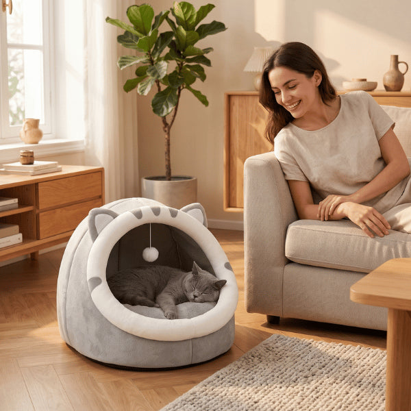 Maisonnette pour chat en forme de grotte offrant un cocon douillet et rassurant