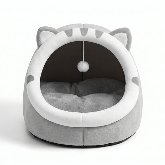 Maisonnette pour chat grise avec couchage moelleux et entrée large pour repos quotidien