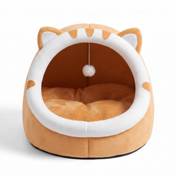 Maisonnette pour chat orange avec coussin polaire épais et grande ouverture de grotte