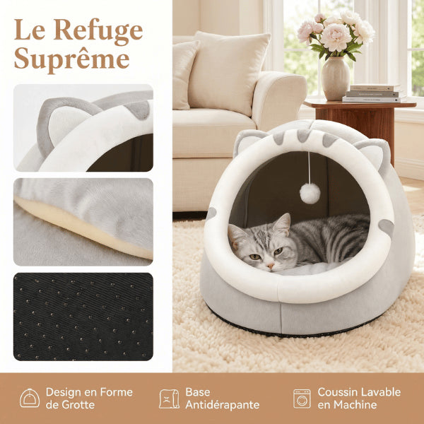 Maisonnette pour chat douce avec base antidérapante et coussin lavable pour un refuge confortable