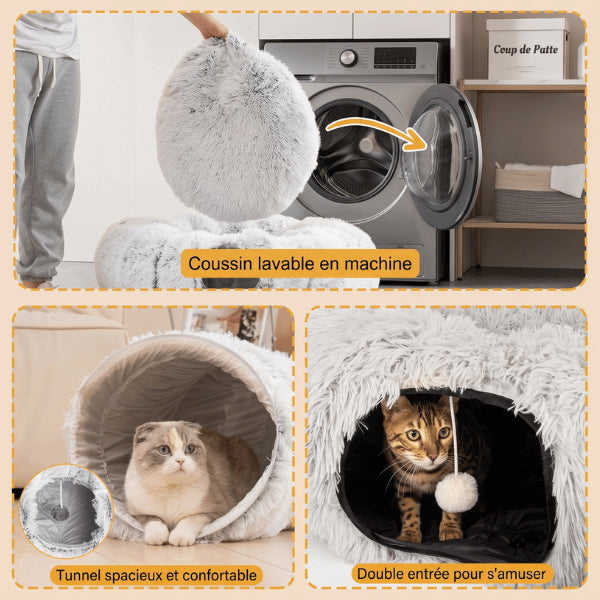 Maisons pour chats avec coussin lavable tunnel spacieux et balle de jeu suspendue