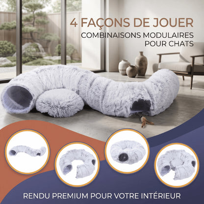 Maisons pour chats modulables offrant quatre configurations de tunnel pour varier les jeux