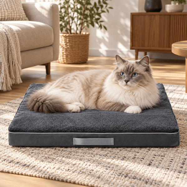 Matelas orthopédique chat gris accueillant un grand félin sur mousse alvéolée