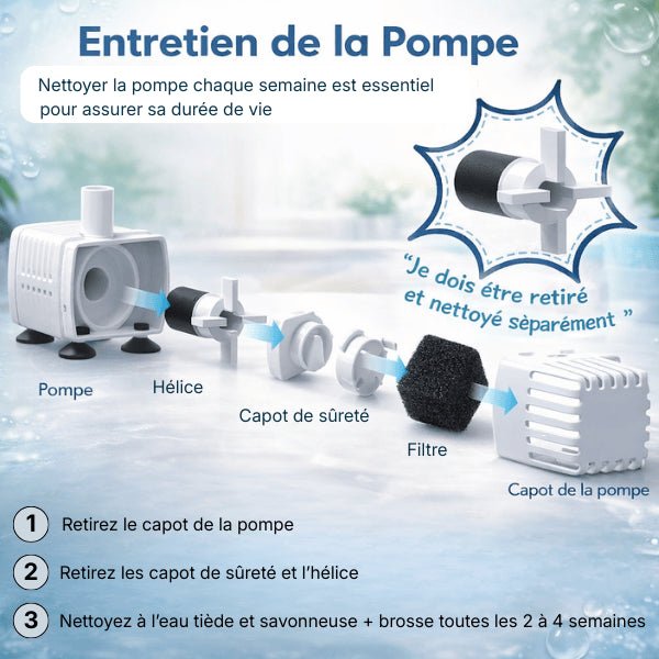 Nettoyage facile pompe fontaine pour chat démontable et explications