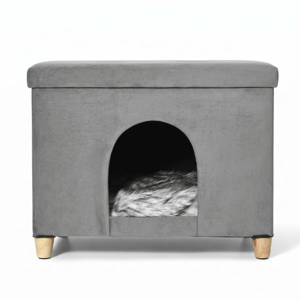 Niche à chat intérieure grise avec coussin moelleux et entrée adaptée aux grands chats