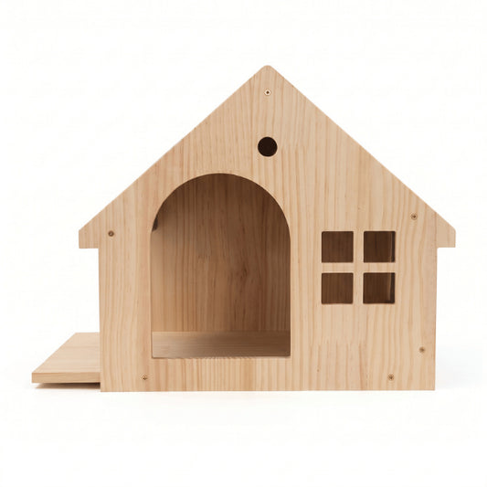 Niche chat interieur murale en forme de maison avec entrée spacieuse et fenêtre