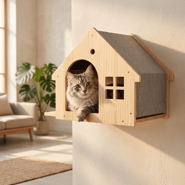 Niche chat interieur murale créant un refuge surélevé pour observer sereinement