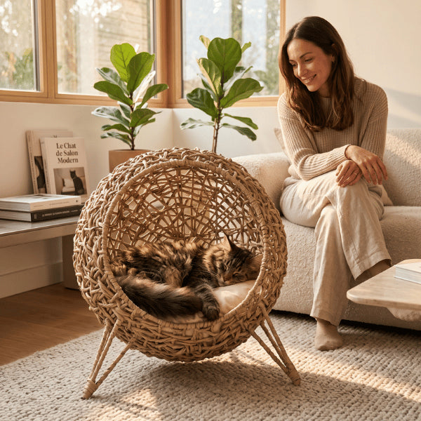 Niche pour chat intérieur avec maine coon sur coussin douillet pour dormir paisiblement au salon