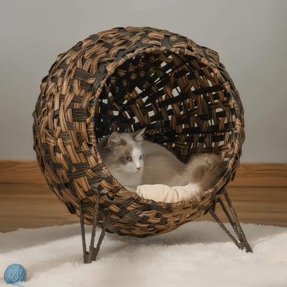 Niche pour chat intérieur en rotin brun ventilé pour repos protégé