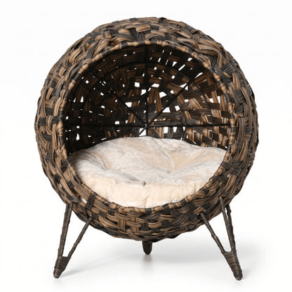 Niche pour chat intérieur en rotin brun avec coussin moelleux surélevé