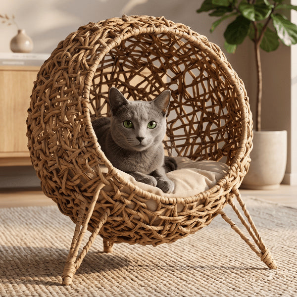 Niche pour chat intérieur en rotin naturel offrant un refuge enveloppant