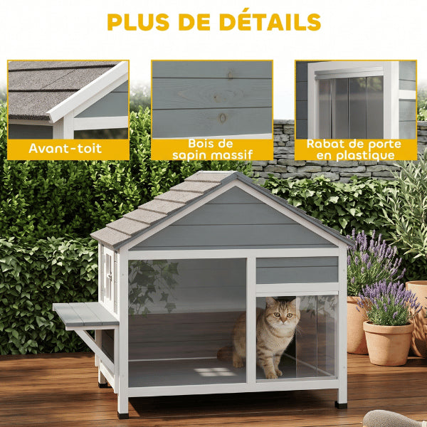Niche pour chat extérieur en bois massif avec finitions robustes et toiture résistante