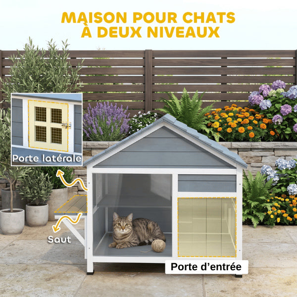 Niche pour chat extérieur deux niveaux avec double entrée pratique et espace sécurisé