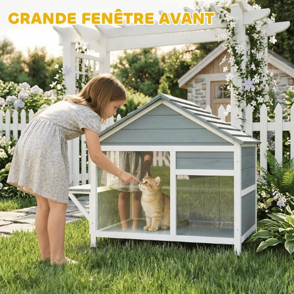 Niche pour chat extérieur avec grande fenêtre panoramique offrant visibilité et sécurité permanente