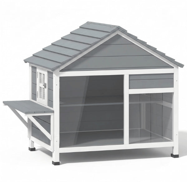 Niche pour chat extérieur design gris avec plateforme latérale et façade transparente panoramique