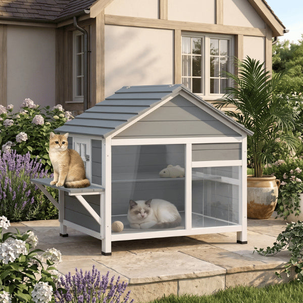 Niche pour chat extérieur avec plateforme surélevée idéale pour observer et se reposer