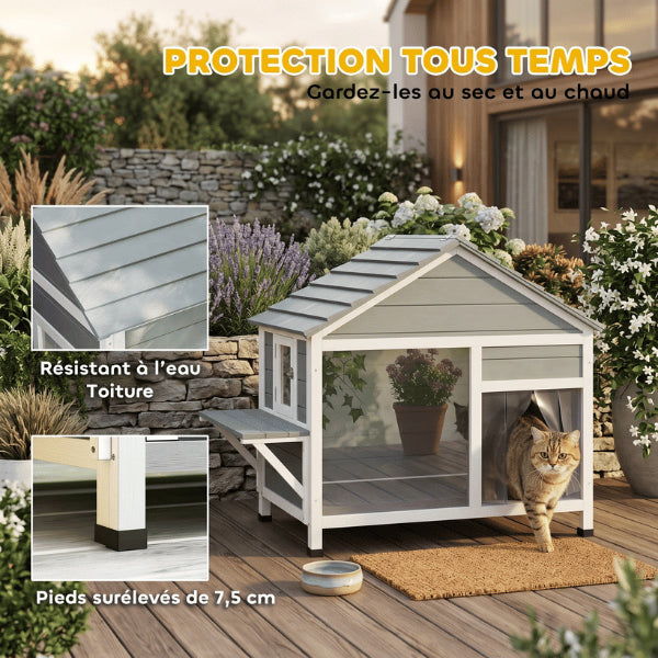 Niche pour chat extérieur résistante aux intempéries avec toit étanche et pieds surélevés
