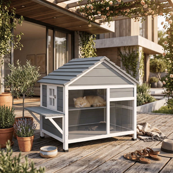 Niche pour chat extérieur avec plateforme repos et refuge sécurisé sur terrasse élégante