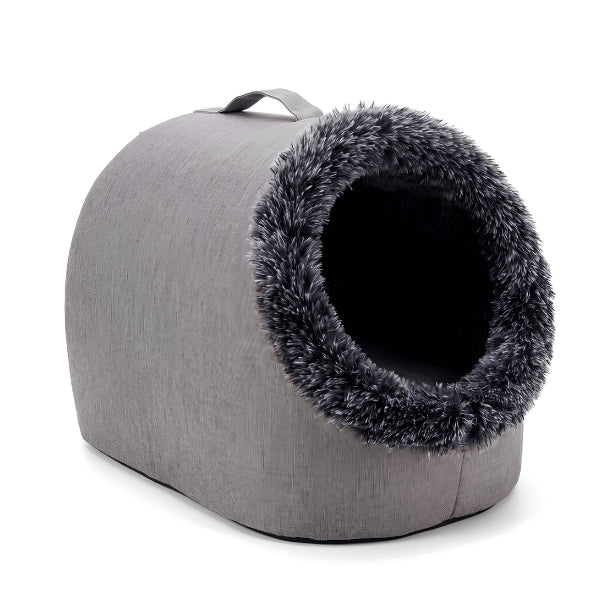 Niche pour chaton grise avec poignée pratique facilitant le déplacement dans toute la maison
