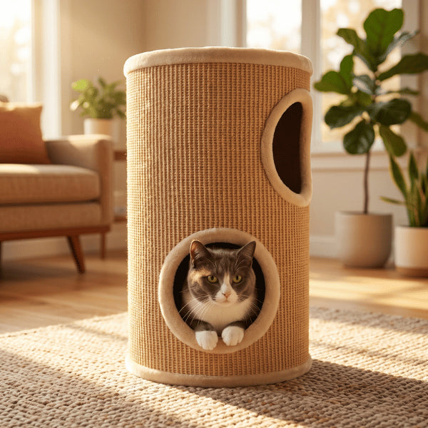 Niches pour chat cylindriques en sisal avec deux cachettes douillettes superposées