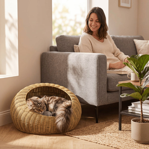 Niches pour chats en osier créant un couchage douillet près du salon