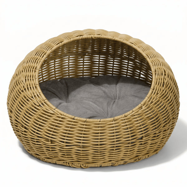 Niches pour chats en osier tressé avec large ouverture et coussin moelleux