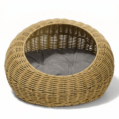 Niches pour chats en osier tressé avec large ouverture et coussin moelleux