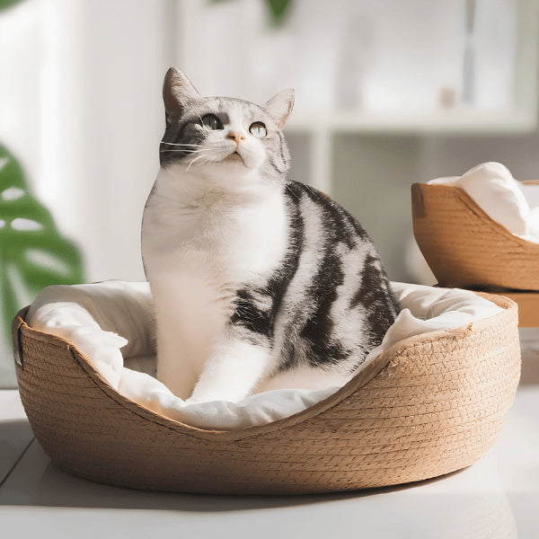 Nid en bambou pour chat avec couchage enveloppant et rebords surélevés